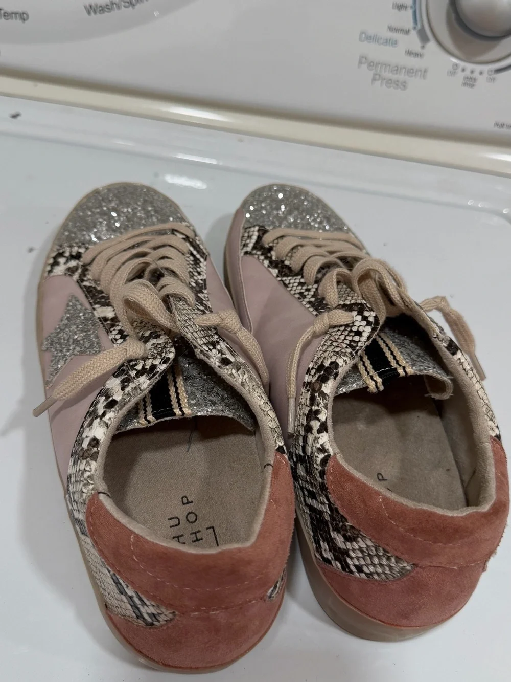 ShuShop Pink Glitter Star Sneakers with Snake-Print Trim